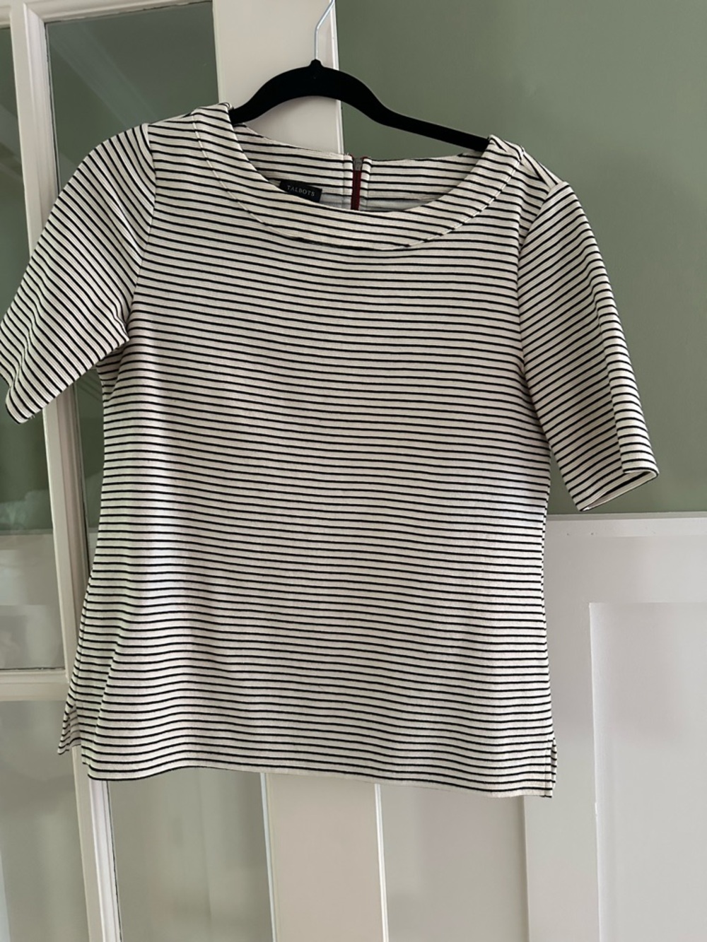 Talbots Cream and Black Narrow-Striped Short Sleeve Top